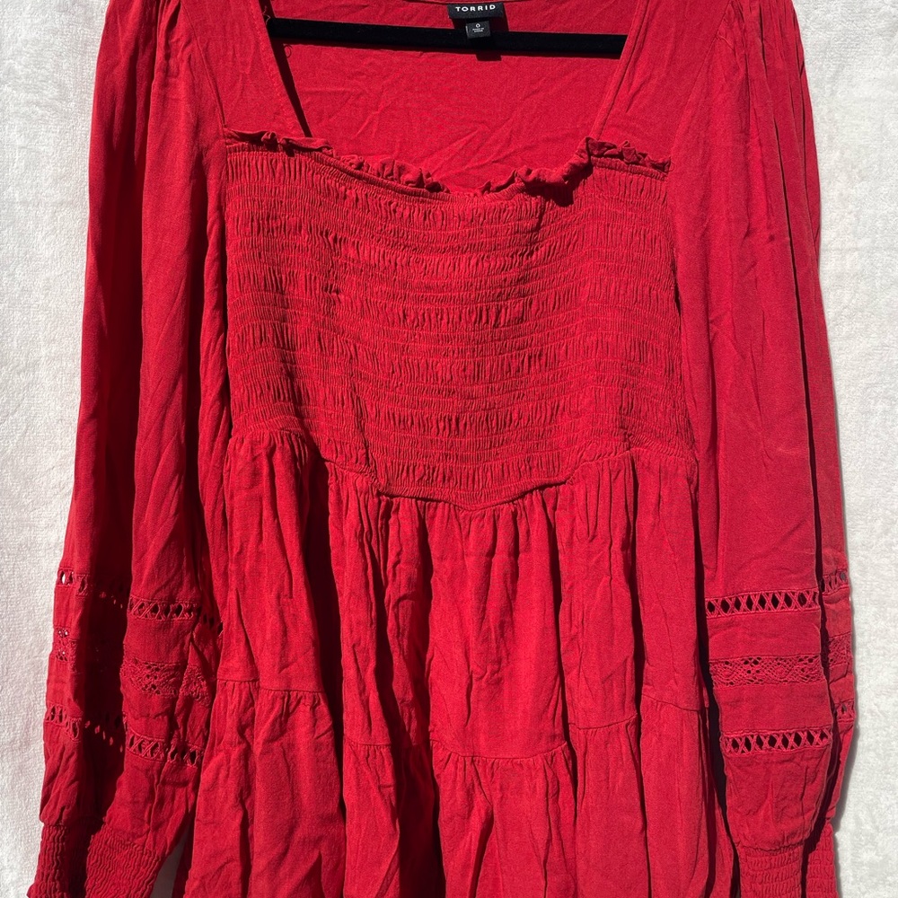 Torrid Red Smocked Top Plus Size 0 Babydoll Lace Tiered Cottagecore Renaissance